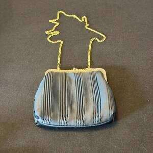 1980s La Regale Black Pleated Fabric Shoulder Purse with Gold Filagree Frame